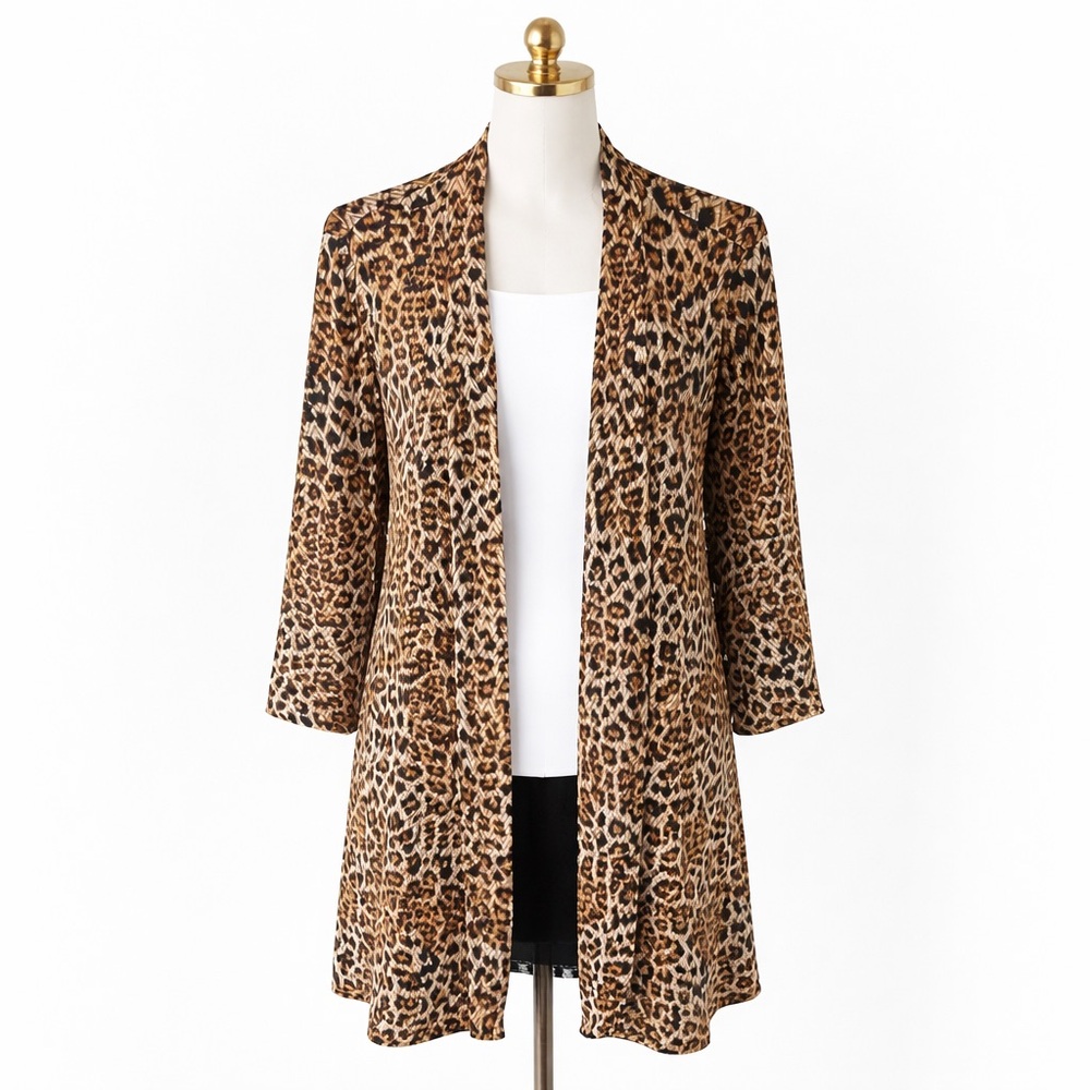 Susan Graver Leopard Print Duster Cardigan Medium Open Front Pockets - Picture 3 of 7